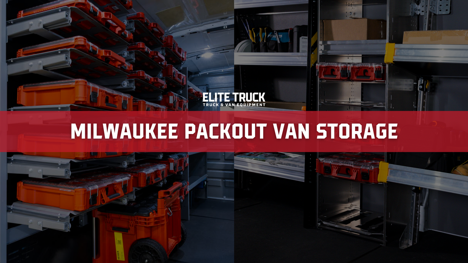 Milwaukee Packout boxes mounted on van shelving in a work van