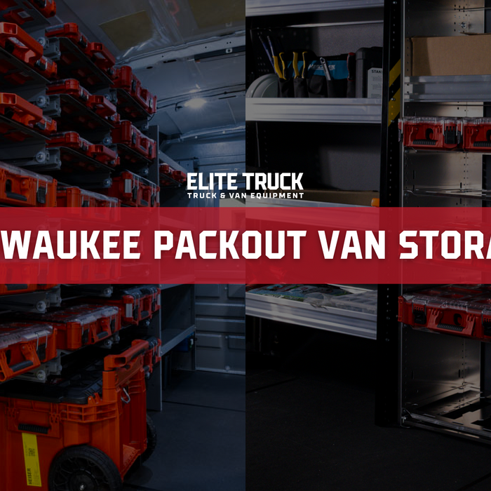 Milwaukee Packout boxes mounted on van shelving in a work van