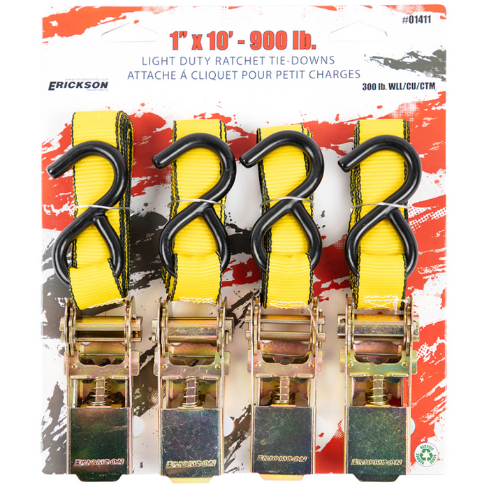 Erickson Manufacturing 4 Pack 1 In X 10Ft 900Lb Ratchet Tie Down Straps Yellow Model 01411