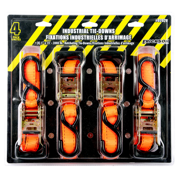 Erickson Manufacturing 4 Pack 1 In X 15Ft 2000Lb Industrial Tie-Downs Orange Model 02020