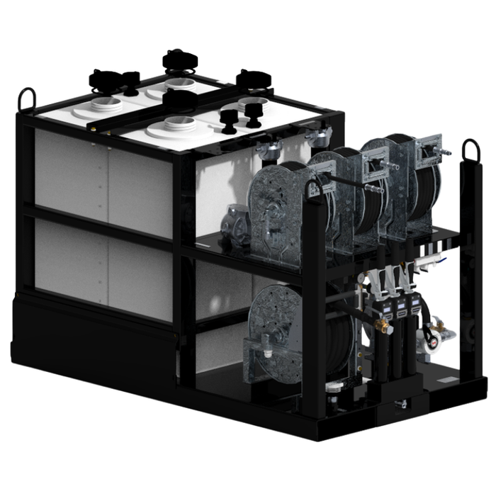 Maintainer Air-Powered Mobile Lube Skid #4, 4-Pump Kit - Dual 55 Gal Oil Tanks, Single 55 Gal Antifreeze Tank, With 55 Gal Used Oil Tank - 75.5"L x 42"W x 49'H Model 021586