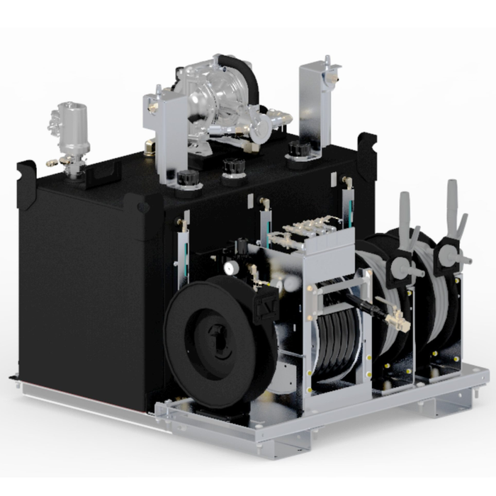 Maintainer Lube Pro 80FA Aluminum Air-Powered Mobile Lube Skid - With Air Reel & Filters - 3-Pump Kit - Dual 38 Gal Oil Tanks, 50 Gal Used Oil Tank - 49.5"L x 46"W x 47.5"H Model 028659