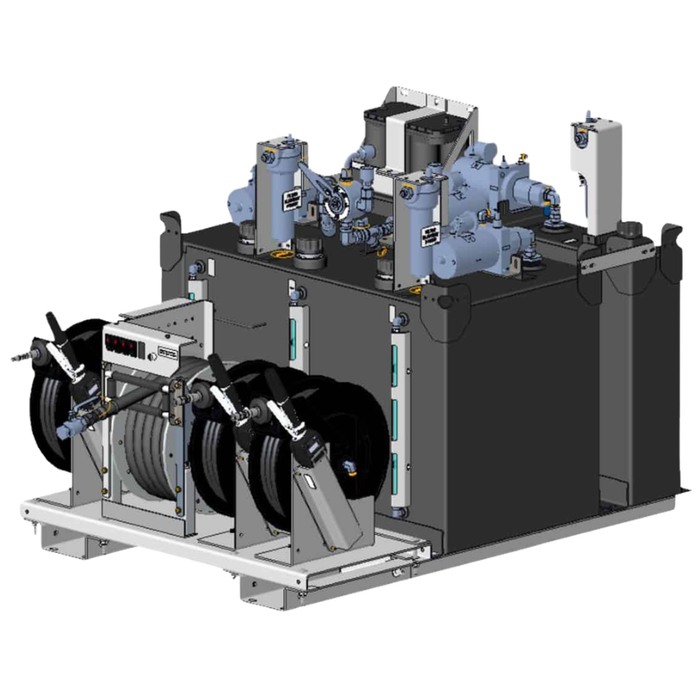 Maintainer E Lube Pro 120 Electric-Powered Lube Skid - With Filters - 4-Pump Kit - Triple 38 Gal Oil Tanks, 50 Gal Used Oil Tank - 62.5″ L x 46.7″ W  x 47.5″ H Model 030059