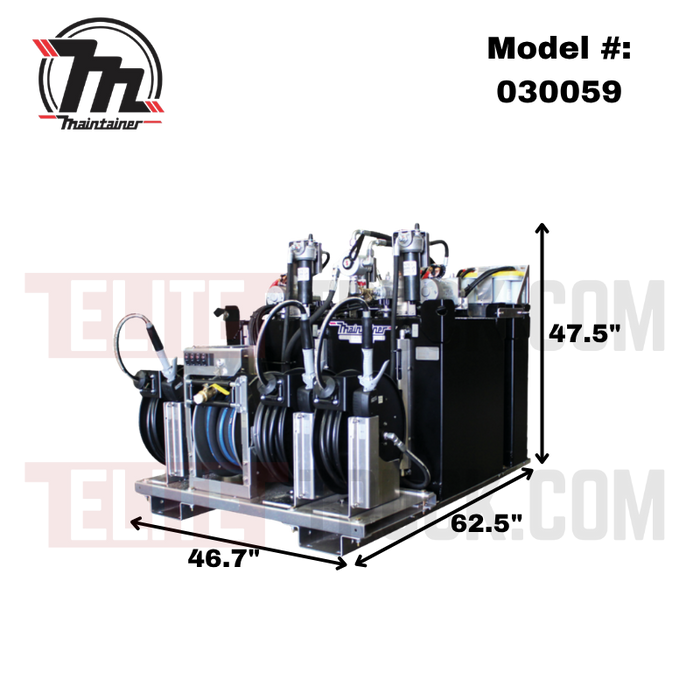 Maintainer E Lube Pro 120 Electric-Powered Lube Skid - With Filters - 4-Pump Kit - Triple 38 Gal Oil Tanks, 50 Gal Used Oil Tank - 62.5″ L x 46.7″ W  x 47.5″ H Model 030059