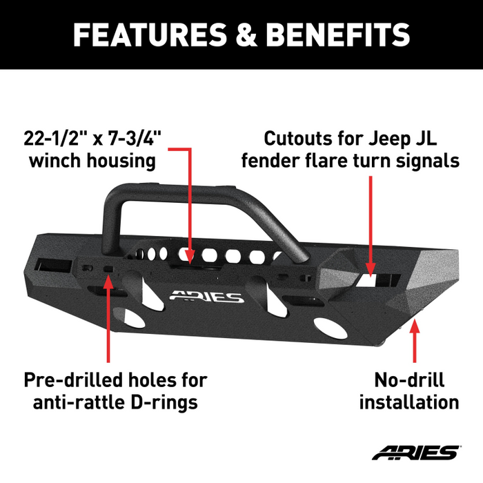 ARIES TrailChaser Jeep Wrangler JL, Gladiator Aluminum Front Bumper (Option 8) Model 2082098