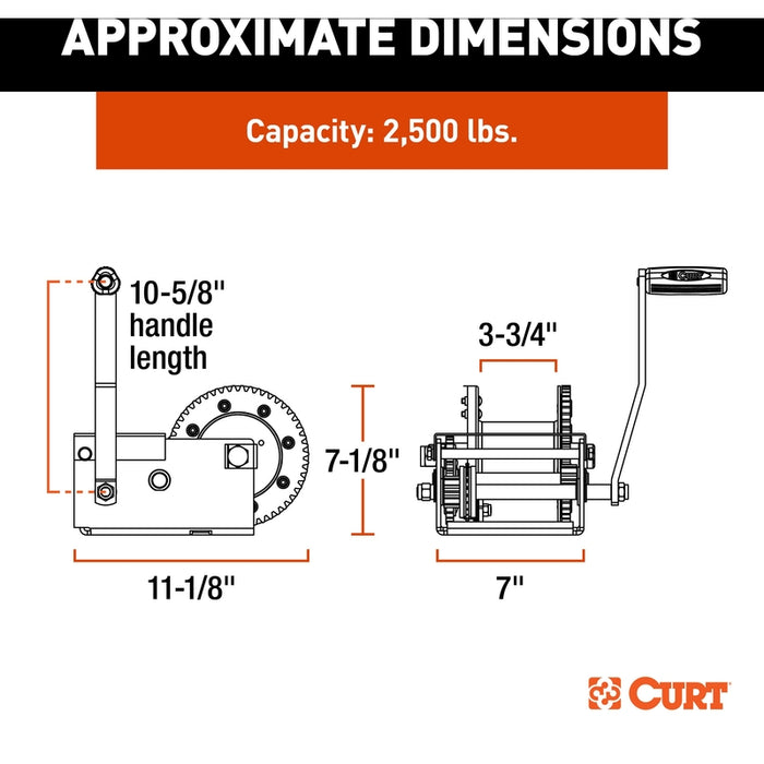 CURT Hand-Crank Brake Winch, 2,500 lbs, 15.8:1 Gear Ratio, 10.6" Handle Model 29625