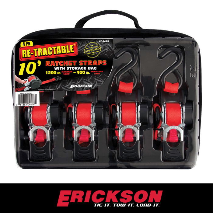 Erickson Manufacturing 4 Pack 1 In X 10Ft 1200Lb Retractable Ratchet Strap Black Model 04418
