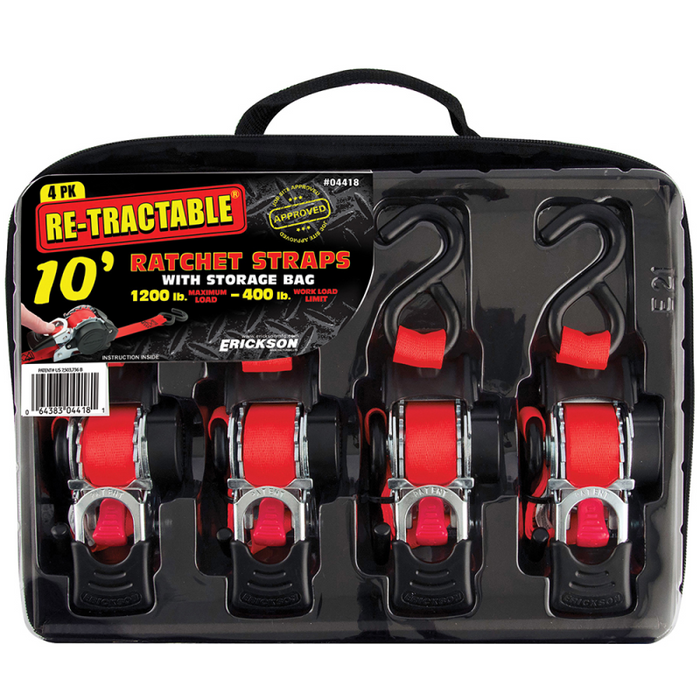 Erickson Manufacturing 4 Pack 1 In X 10Ft 1200Lb Retractable Ratchet Strap Black Model 04418