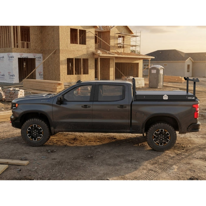 Highway Products Pickup Pack, w/ Black Diamond Plate Lid, w/ Black Smooth Aluminum Base, w/ Mesh Headache Rack, w/ Ladder Rack Model 39203BFML