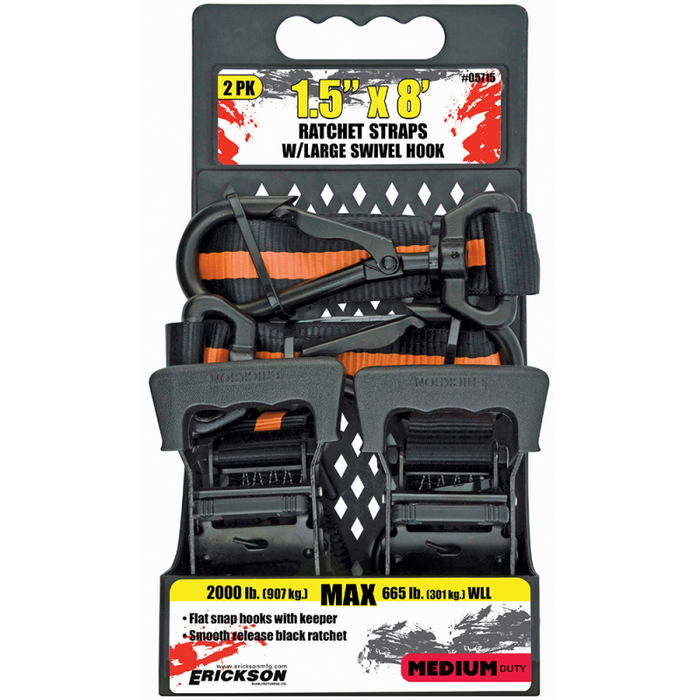 Erickson Manufacturing 2 Pack 1.5 In X 8Ft 2000Lb Big Hook Ratchet Tie Downs Black With Orange Stripe Model 05715