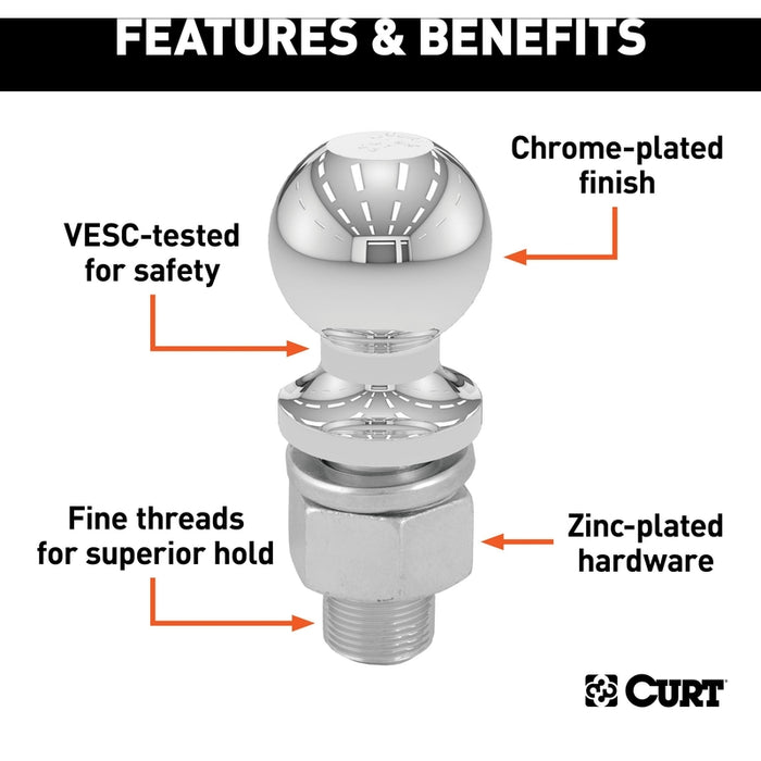 CURT Chrome Trailer Hitch Ball, 3,500 lbs, 2-Inch Diameter, 3/4 x 3-Inch Shank Model 40019