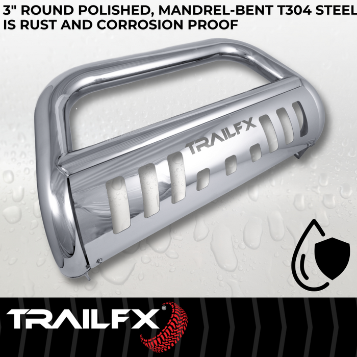 TrailFX 3" Round Bull Bar w/ Skid Plate w/ Light Option Polished Stainless Steel Model B0045S