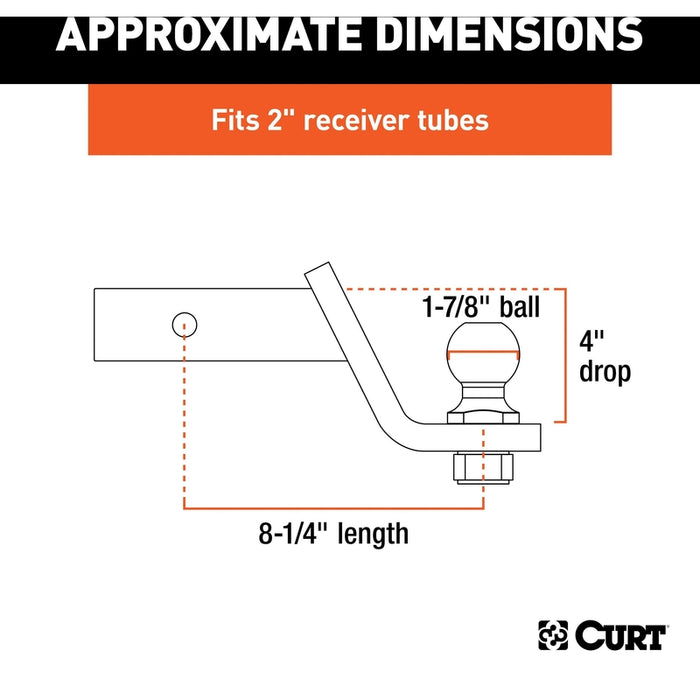 CURT Trailer Hitch Mount with 1-7/8-Inch Ball & Pin, Imported, Fits 2-Inch Receiver, 3,500 lbs, 4-Inch Drop Model 45855