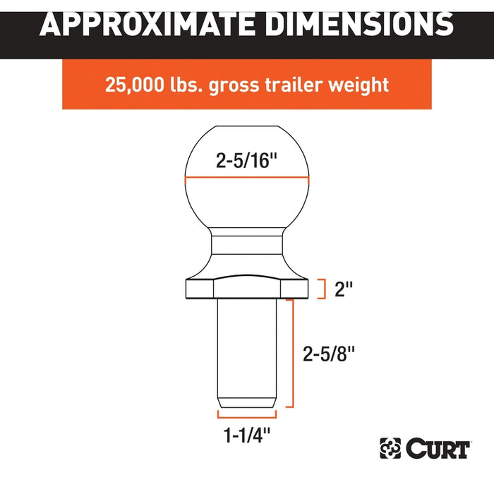 CURT Raw Steel Trailer Hitch Ball, 25,000 lbs, 2-Inch Rise, 2-5/16-Inch Diameter, 1-1/4 x 2-5/8-Inch Shank Model 40087