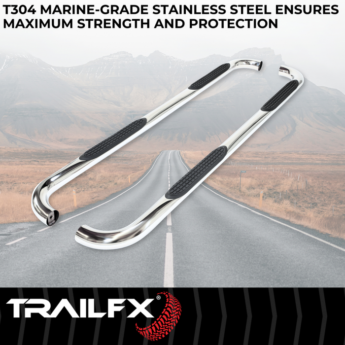 TrailFX 3" Round Bent Step Nerf Bars W/ Step Pads Polished Stainless Steel Model A0068S
