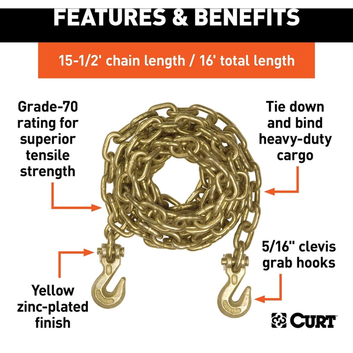 CURT 16-Foot Transport Binder Chain, 5/16-Inch Clevis Hooks, 18,800 lbs Break Strength, Load Tie-Down, Trailer, Flatbed Model 80306