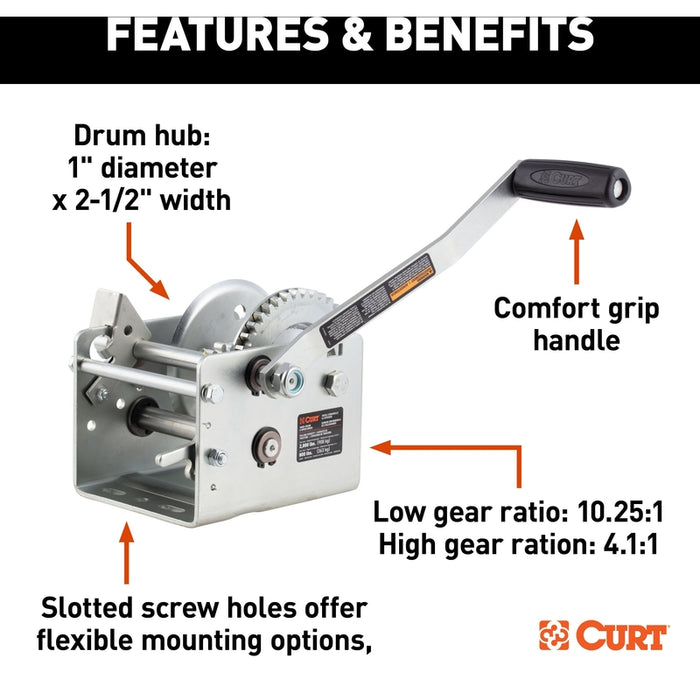 CURT Hand-Crank 2-Speed Winch, 2,000 lbs, 4.1:1 High, 10.25:1 Low Gear Ratio, 10.6" Handle Model 29520