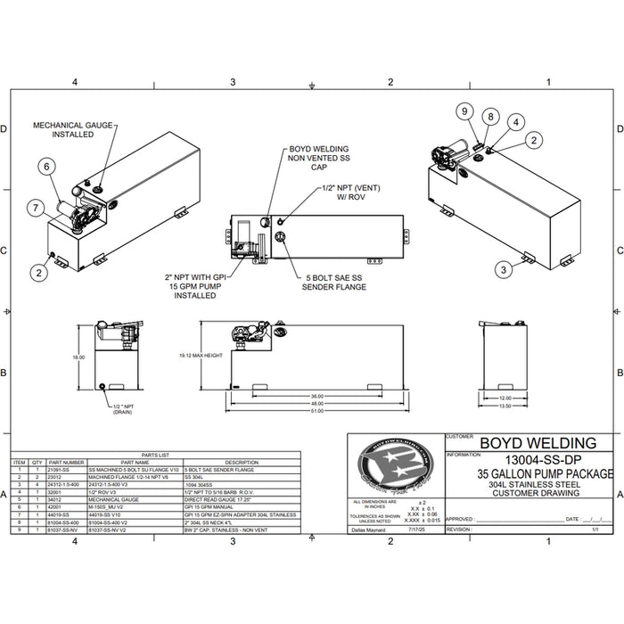 Boyd Welding Stainless Steel 35 Gallon 48x12x18 Tank With GPI 15GPM Pump Driver Side Only Model 13004-SS-DP