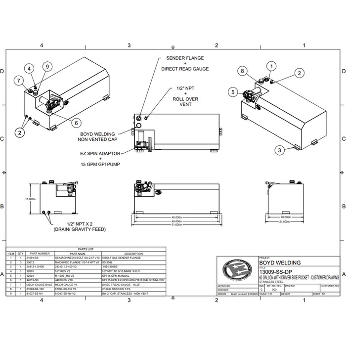 Boyd Welding Stainless Steel 60 Gallon 48x20x17 Tank With GPI 15GPM Pump Driver Side Only Model 13009-SS-DP
