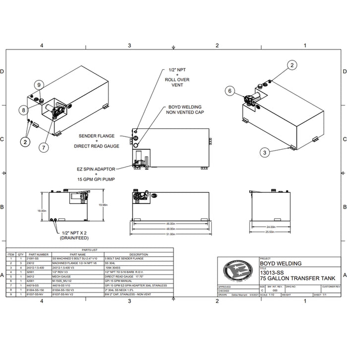 Boyd Welding Stainless Steel 75 Gallon 48x24x18 Tank With GPI 15GPM Pump Driver Side Only Model 13013-SS-DP