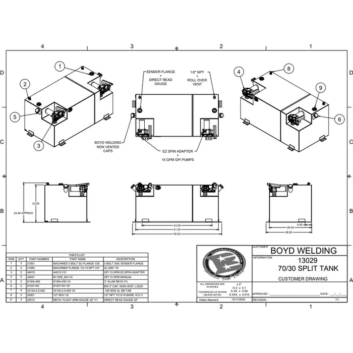 Boyd Welding 100 Gallon 70/30 Split Fuel Transfer Tank System Aluminum With Dual 15 GPM Pumps Model 13029
