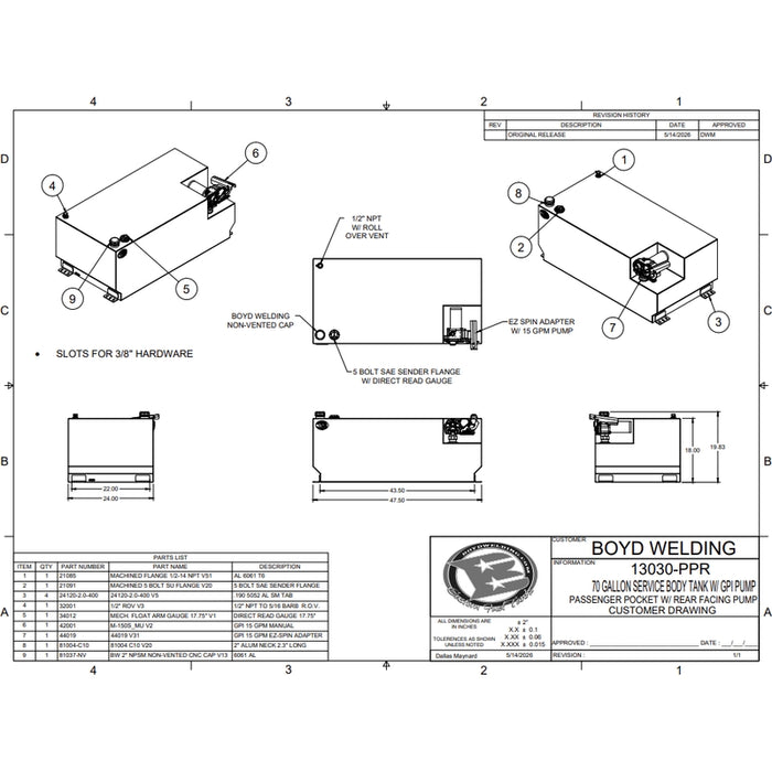 Boyd Welding 70 Gallon 47.5 x 24 x 18 Service Body Tank (Passenger Side) Model 13030-PPR