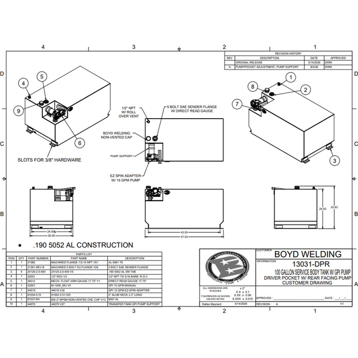 Boyd Welding 100 Gallon 47.5 x 26 x 24 Service Body Tank Driver Pocket (Rear Facing) Model 13031-DPR