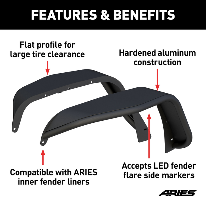 ARIES Jeep Wrangler JK Smooth Carbide Black Aluminum Front Fender Flares Model 1500211