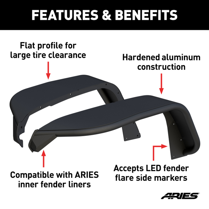ARIES Jeep Gladiator & Wrangler JL Smooth Carbide Black Aluminum Front Fender Flares Model 1500213