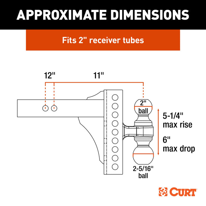 CURT Adjustable Channel Mount with Hook & Step Dual-Ball - 2" Shank, 14K, 6" Drop Model 45904