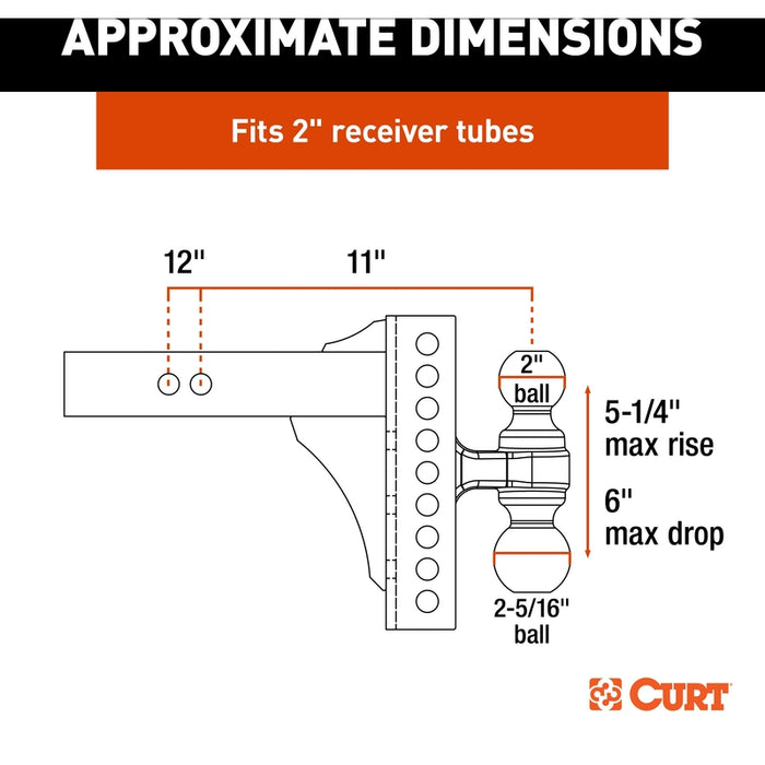 CURT Adjustable Trailer Hitch Ball Mount, Tow Hook Step, 2-Inch Receiver, 6-Inch Drop, 2 and 2-5/16-Inch Balls, 14,000 lbs Model 45904