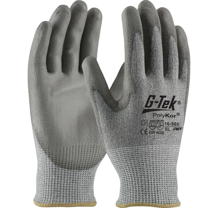 PIP G-Tek PolyKor® 13G Knit Blended Gray Gloves, Polyurethane Coated Flat Grip Palm-A4 Cut/A4 Abrasion-Size XL Model 16-560/XL