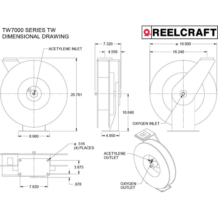 ReelCraft Series TW 1/4 in. x 50 ft. Twin Line Welding Hose Reel T-Grade - 200 PSI Model TW7450OLPT