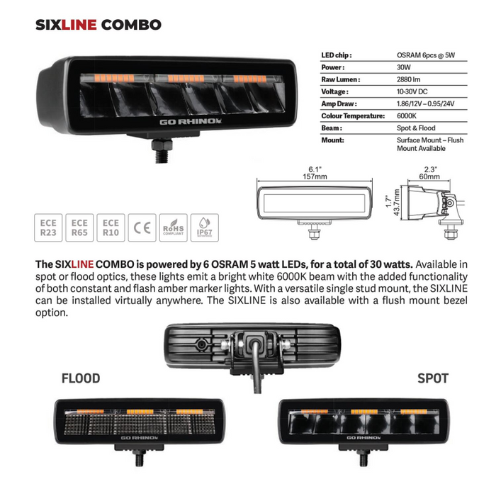Go Rhino Blackout Series SIXLINE  Spot Lights w/Amber LEDs Model 750600622SBS
