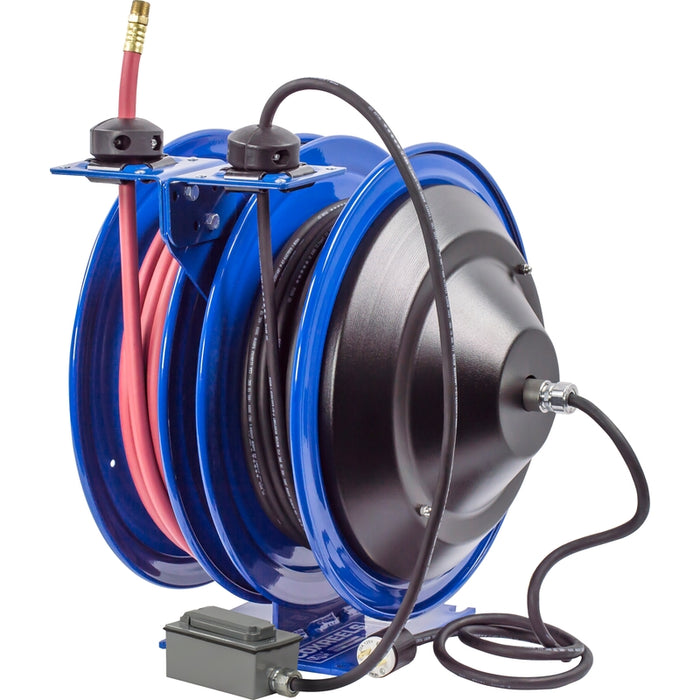 Coxreels Dual C Air-Electric Series Purpose Spring Rewind Reels 3/8 in. x 50 ft. - G.F.C.I. Receptacle - 12 AWG x 50 ft. - 13 Amps 300 PSI Hose Included Model C-L350-5012-F