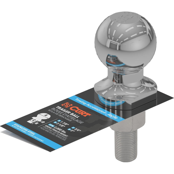CURT Stainless Steel Trailer Hitch Ball, 2,000 lbs, 1-7/8-Inch Diameter, 3/4 x 2-1/8-Inch Shank Model 40050