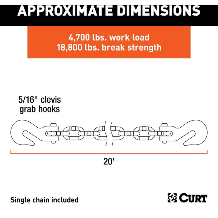 CURT 20-Foot Transport Binder Chain, 5/16-Inch Clevis Hooks, 18,800 lbs Break Strength, Load Tie-Down, Trailer, Flatbed Model 80307