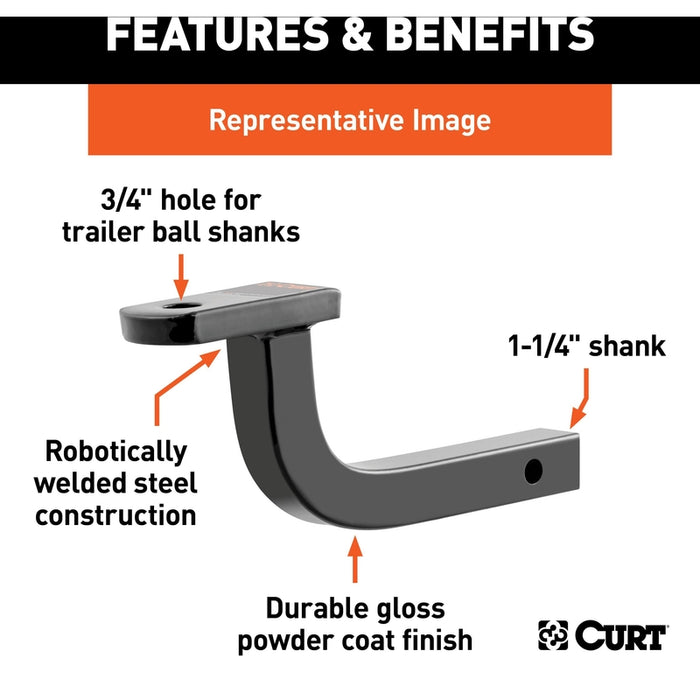 CURT Class 2 Trailer Hitch Ball Mount, Fits 1-1/4-Inch Receiver, 3,500 lbs, 3/4-Inch Hole, 3-1/8-Inch Rise Model 45520