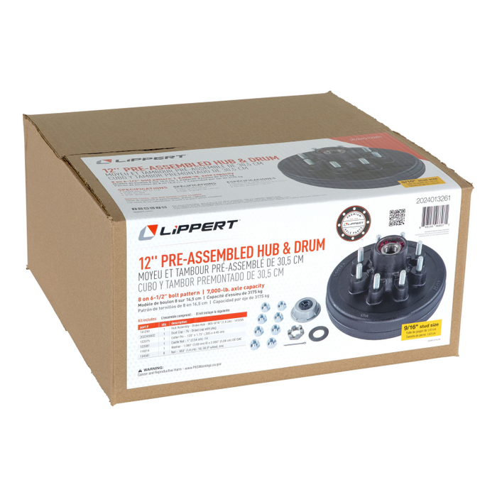 CURT 12" Brake Drum Hub Kit with Installed Bearings - 8 on 6-1/2", 9/16" Studs, 7,000-lb. Axles Model 2024013261
