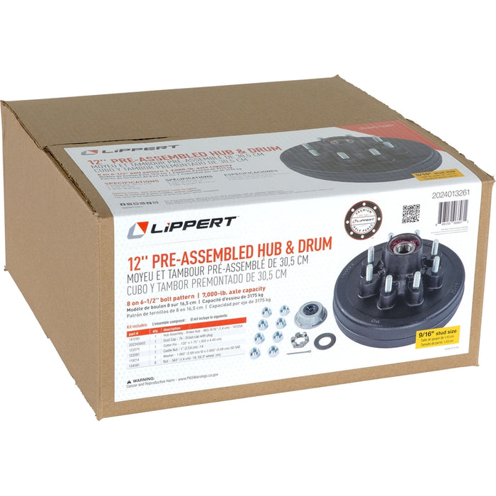 CURT 12" Brake Drum Hub Kit with Installed Bearings - 8 on 6-1/2", 9/16" Studs, 7,000-lb. Axles Model 2024013261