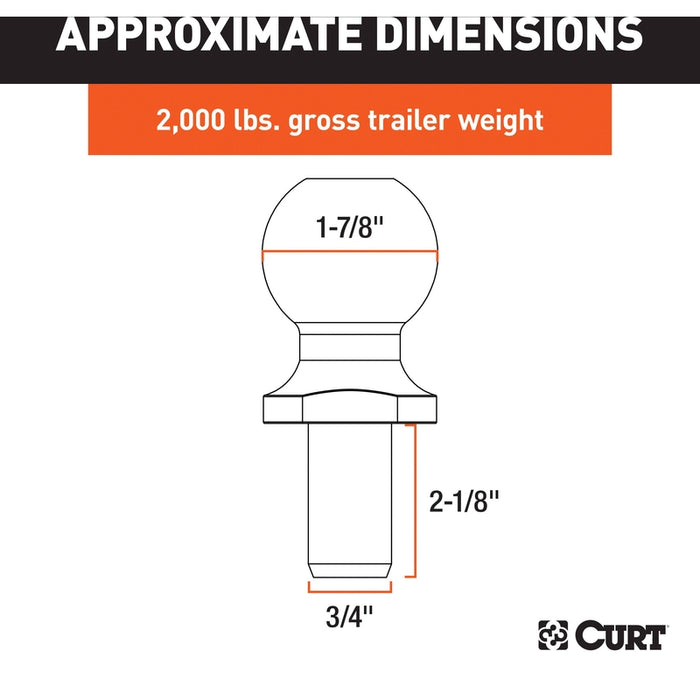 CURT Stainless Steel Trailer Hitch Ball, 2,000 lbs, 1-7/8-Inch Diameter, 3/4 x 2-1/8-Inch Shank Model 40050