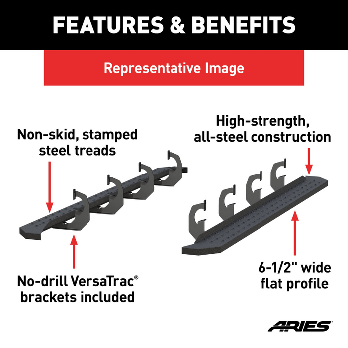 ARIES RidgeStep 6-1/2" x 91" Black Steel Running Boards, Select Silverado, Sierra Crew Model 2055541