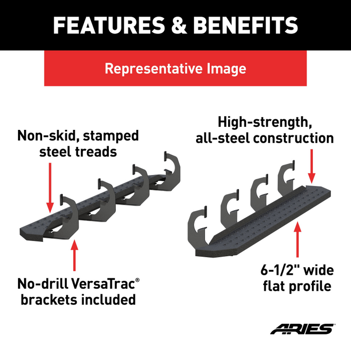 ARIES RidgeStep 6-1/2" x 75" Black Steel Running Boards, Select Ram 1500 Model 2055550