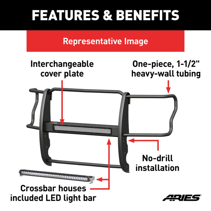 ARIES Pro Series Black Steel Grille Guard with Light Bar, Select Ford Super Duty Model 2170014