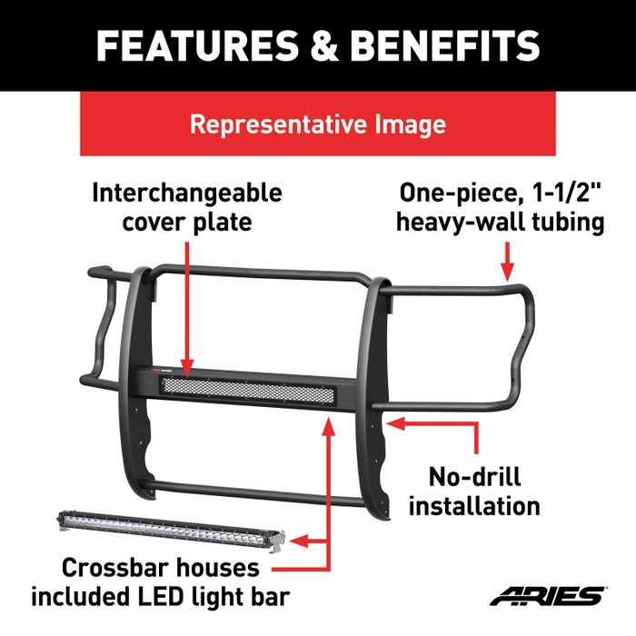 ARIES Pro Series Black Steel Grille Guard with Light Bar, Select Silverado 2500, 3500 Model 2170020