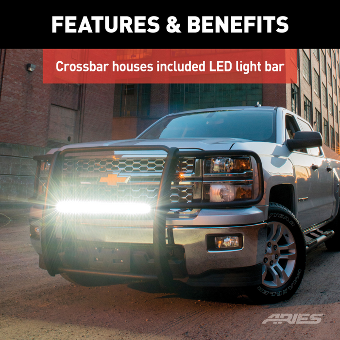 ARIES Pro Series Black Steel Grille Guard with Light Bar, Select Chevy Silverado 1500 Model 2170030