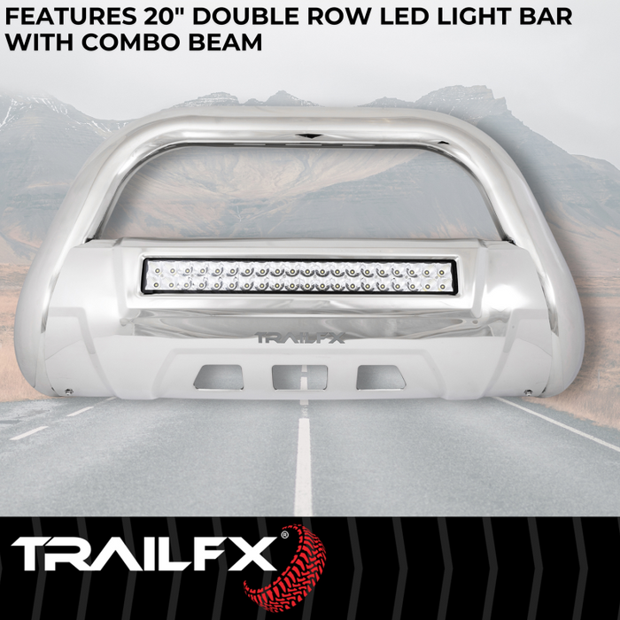 TrailFX 3.5" Oval Bull Bar w/ Skid Plate Polished Stainless Steel w/ 20 Inch Double Row Light Bar Model B1613SKIT