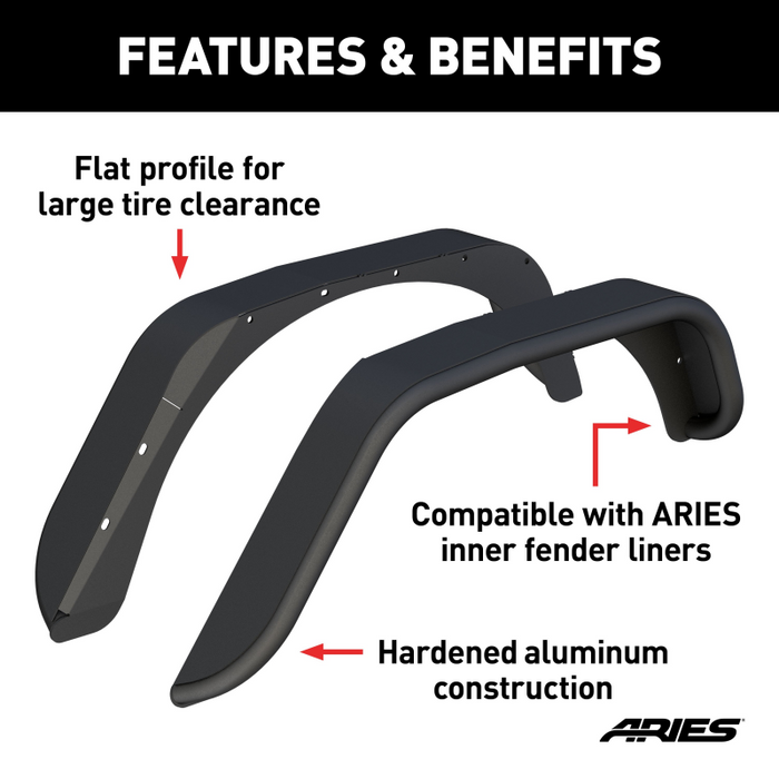 ARIES Jeep Wrangler JK Smooth Black Aluminum Rear Fender Flares Model 2500211