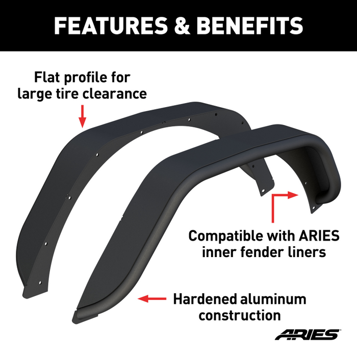 ARIES Jeep Wrangler JL Smooth Carbide Black Aluminum Rear Fender Flares Model 2500213