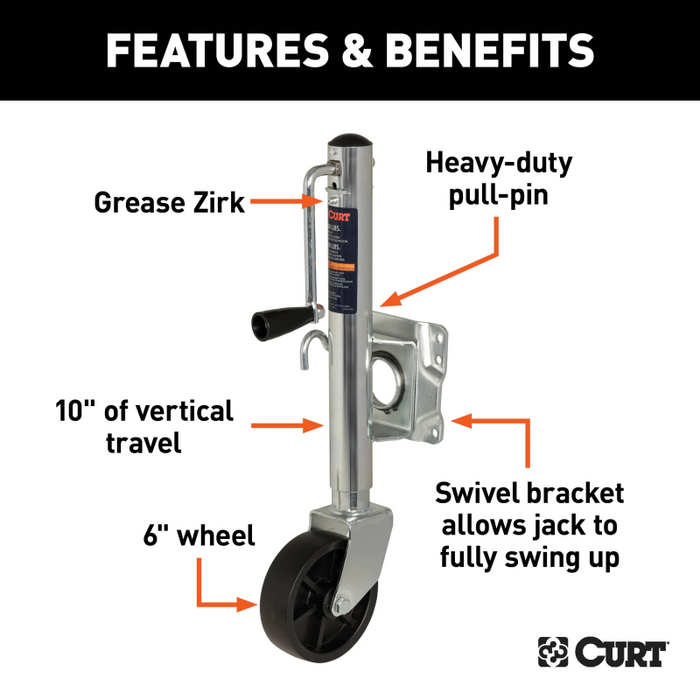 CURT Marine Trailer Jack with 6" Wheel (1,000 lbs, 10" Travel) Model 25004